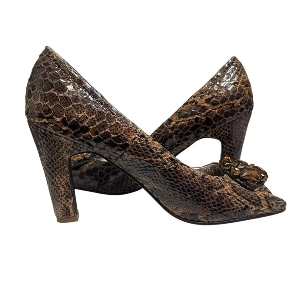 TWO LIPS Vintage Snakeskin‎ Peep Toe Pumps Rhinestone Embellishment, Size 9M